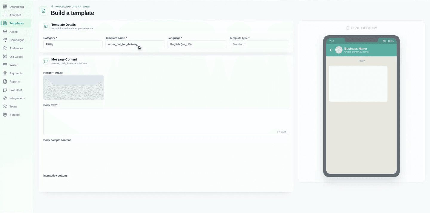 The Build a template screen in Avianya AI — Template Details form on the left, live WhatsApp preview on the right.