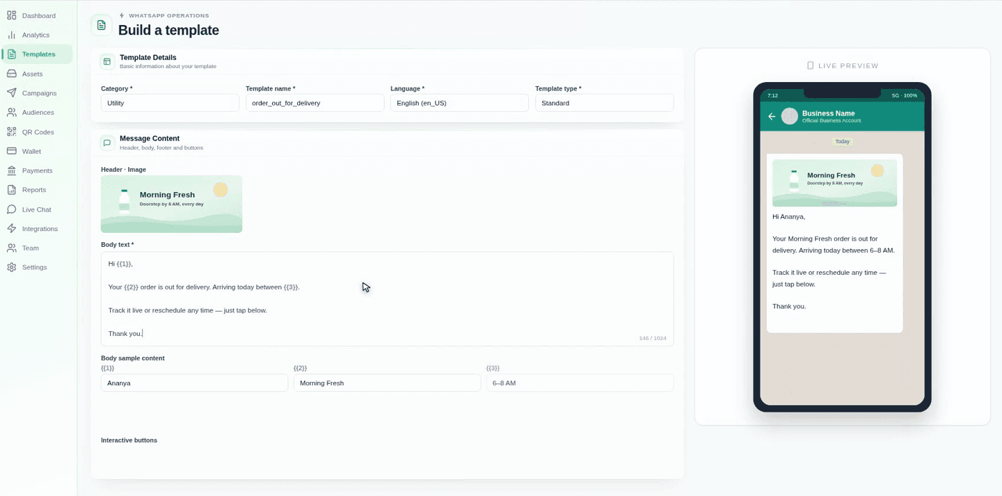 Body text with numbered variables and Body sample content filled in, resolved in the live preview.