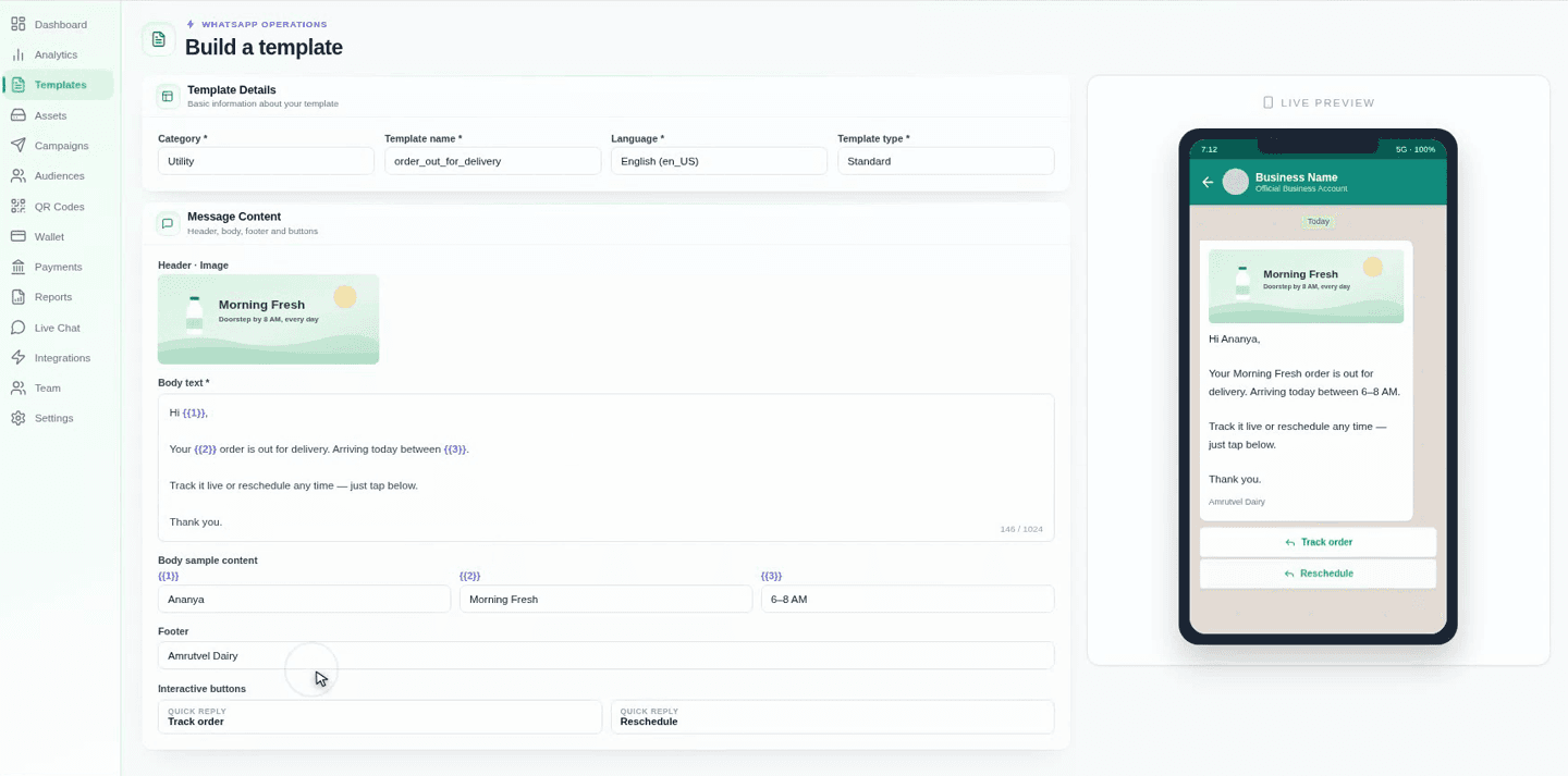 A footer and two quick-reply buttons — Track order and Reschedule — added to the template.